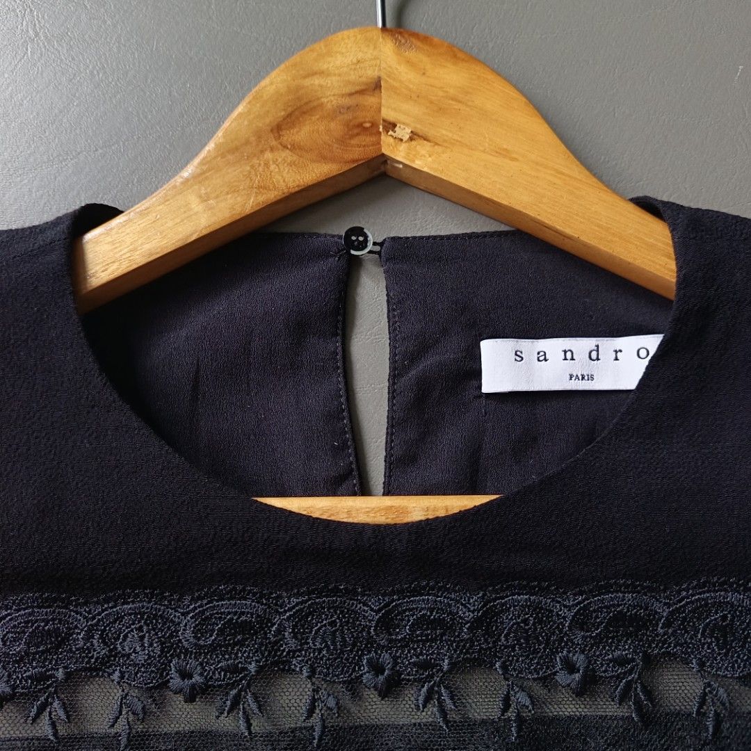 Sandro Paris Black Lace Combo Dress (Category: Dresses) located in Banaue. Submitted by radical.thrift (Listing ID 1429306008, Image 3). Description: Sandro Paris Black Lace Combo Dress size 1 on tag, best fit to small-medium (16.5W 35.5L) 9.5/10 condition, 10/10 color rate issue: unnoticeable repaired pinhole on right shoulder and tiny scratch on sleeve ₱1K+sf.