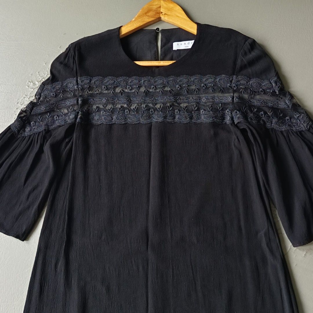 Sandro Paris Black Lace Combo Dress (Category: Dresses) located in Banaue. Submitted by radical.thrift (Listing ID 1429306008, Image 2). Description: Sandro Paris Black Lace Combo Dress size 1 on tag, best fit to small-medium (16.5W 35.5L) 9.5/10 condition, 10/10 color rate issue: unnoticeable repaired pinhole on right shoulder and tiny scratch on sleeve ₱1K+sf.