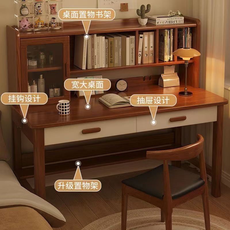 Solid Wood Desk with Integrated Bookshelf Student Study & Vanity Desk ...