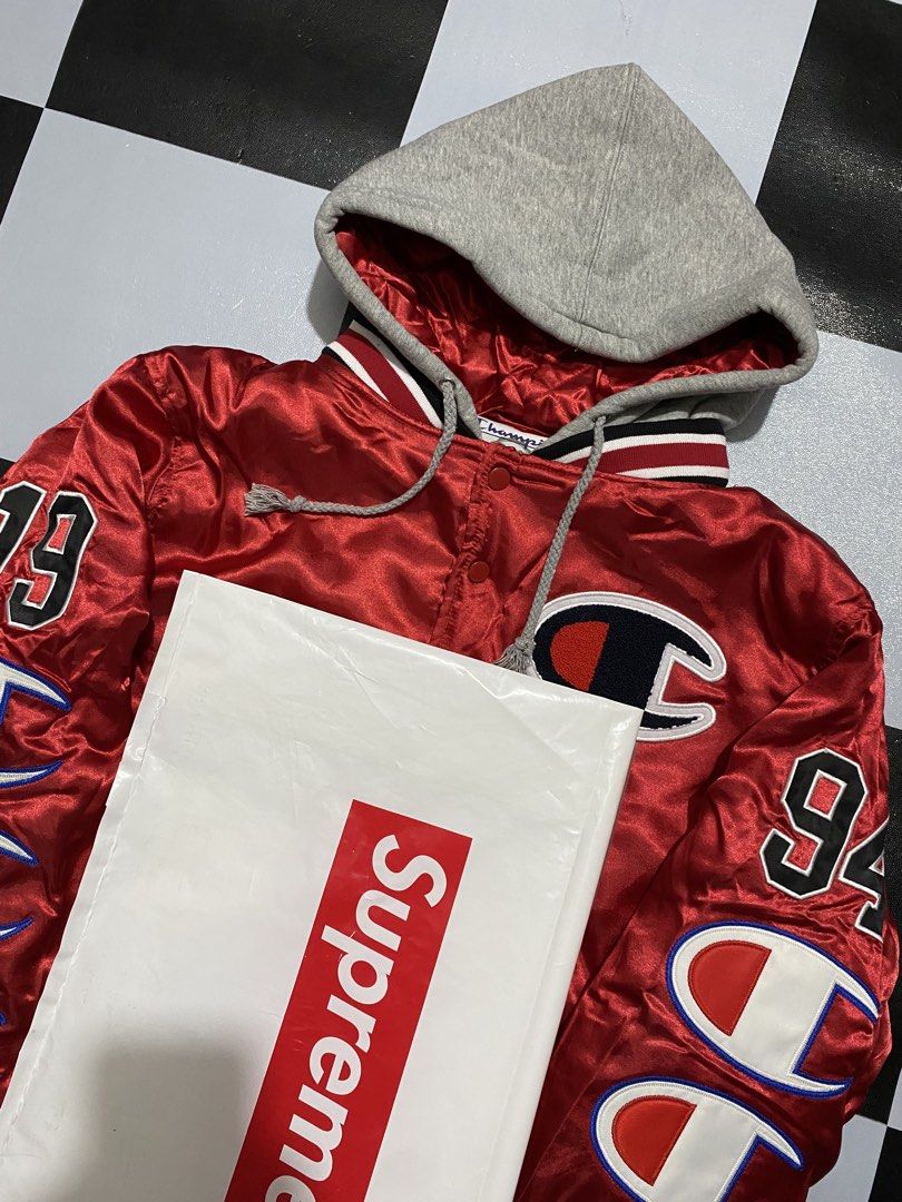 Supreme x Champion Satin Hooded Jacket (Category: Coats, Jackets and Outerwear) located in Manila. Submitted by thrift2mill (Listing ID 1429323915, Image 3). Description: brand new with zip lock plastic bag dimes:23x27.