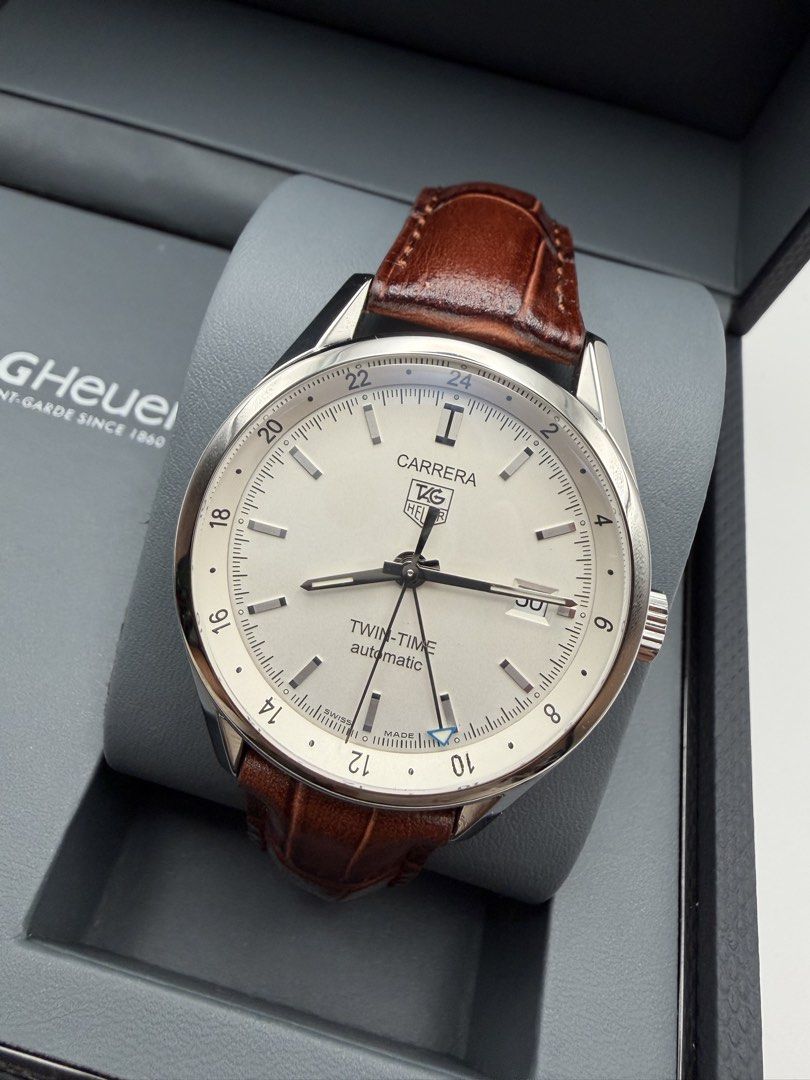 TAG Heuer Carrera Twin-Time GMT Automatic Watch (Category: Luxury Watches) located in Manila. Submitted by rj_authenticwatchesandmore (Listing ID 1429326359, Image 3). Description: Tag Heuer Carrera Twin Time GMT Auto ✅Domed Sapphire with Double AR Coating ✅Reference Model WV2116 ✅39mm Case Diameter ✅Automatic GMT Calibre 7 ✅Genuine leather strap (non-tag) Inclusions: watch and box only Excellent condition, newly serviced Manila area.
