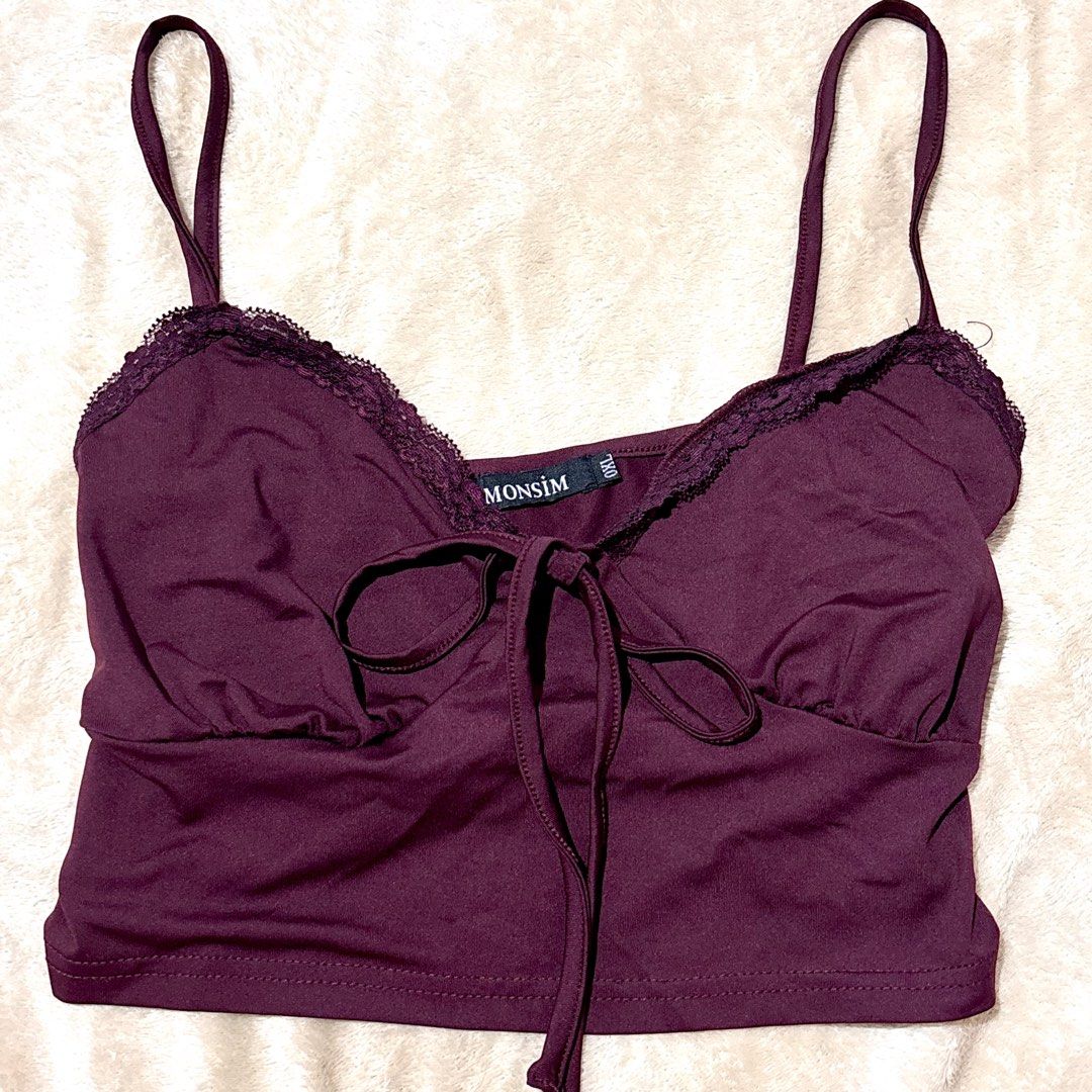 Burgundy Lace Camisole top (Category: Sleeveless) located in Manila. Submitted by giiloved (Listing ID 1429289976, Image 1). Description: OMONSIM Burgundy Top Size: 0XL on tag Worn (?): never worn Loc: Isabela Mod: Jnt Mop: Gcash / Maya / Seabank .