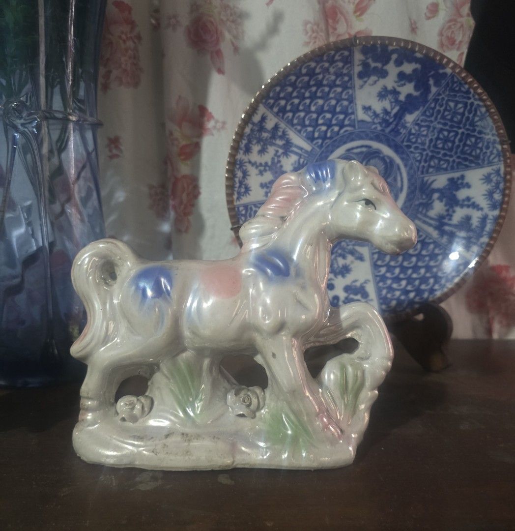 Vintage Horse Figurine (Category: Other Home Decor) located in Makati City. Submitted by klr_antiques (Listing ID 1429284255, Image 1). Description: Horse figurine -Pink spot, blue accents on the body -Material: Porcelain Lusterware with a pearlescent finish. Dimensions: Approximately 7 inches high and 5.25 inches long.