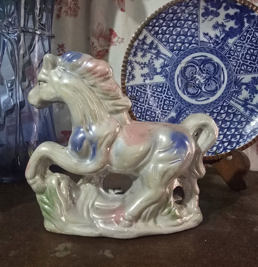 Vintage Horse Figurine (Category: Other Home Decor) located in Makati City. Submitted by klr_antiques (Listing ID 1429284255, Image 2). Description: Horse figurine -Pink spot, blue accents on the body -Material: Porcelain Lusterware with a pearlescent finish. Dimensions: Approximately 7 inches high and 5.25 inches long.