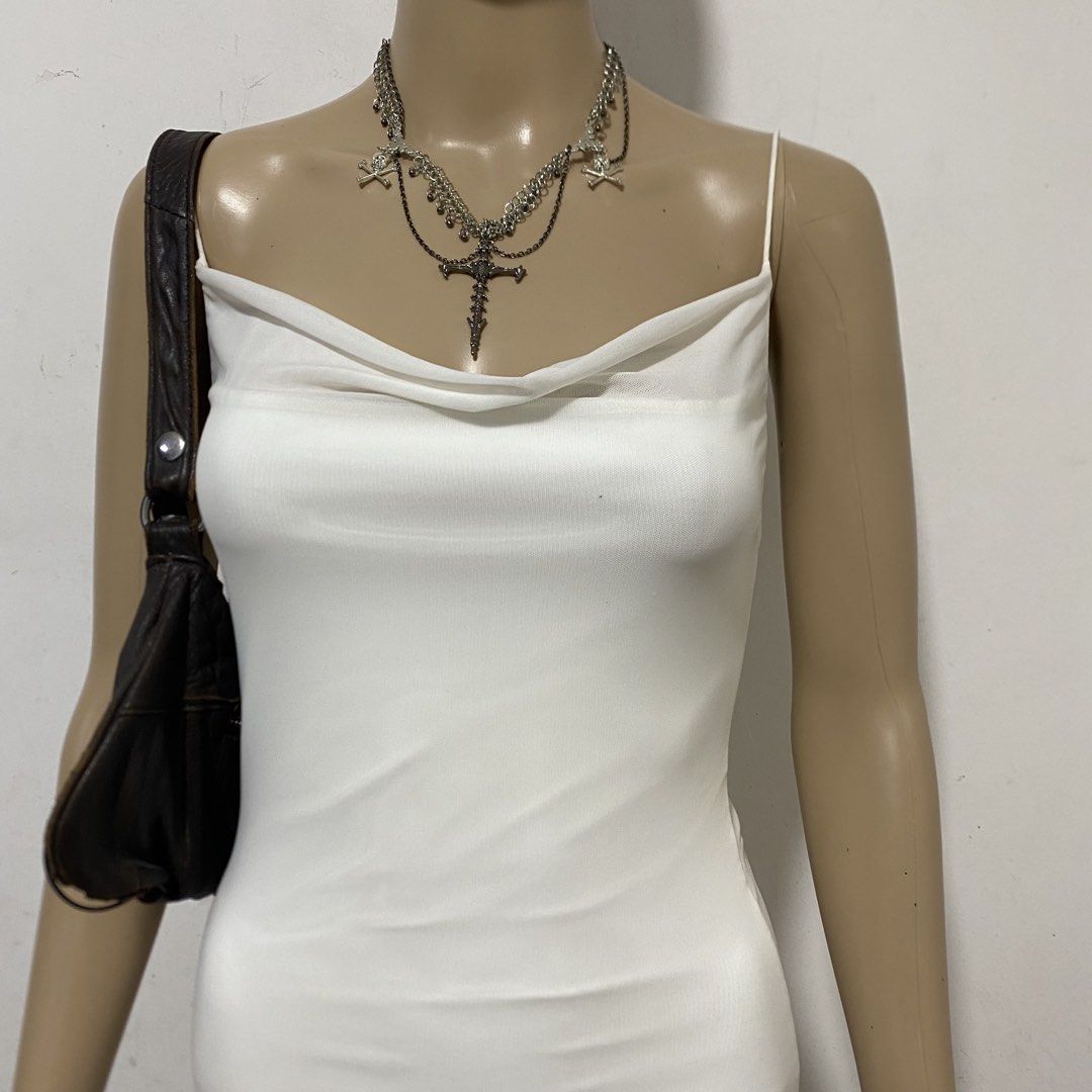 White Mesh Cowl Neck Mini Dress (Category: Dresses) located in Balanga. Submitted by cherryblunt (Listing ID 1429312735, Image 2). Description: ⬇️ -stretchy, garterized measurement (laid flat) pit to pit- 14” length- 25” MOP - GCASH/BANK TRANSFER MOD - J&T EXPRESS ONLY.