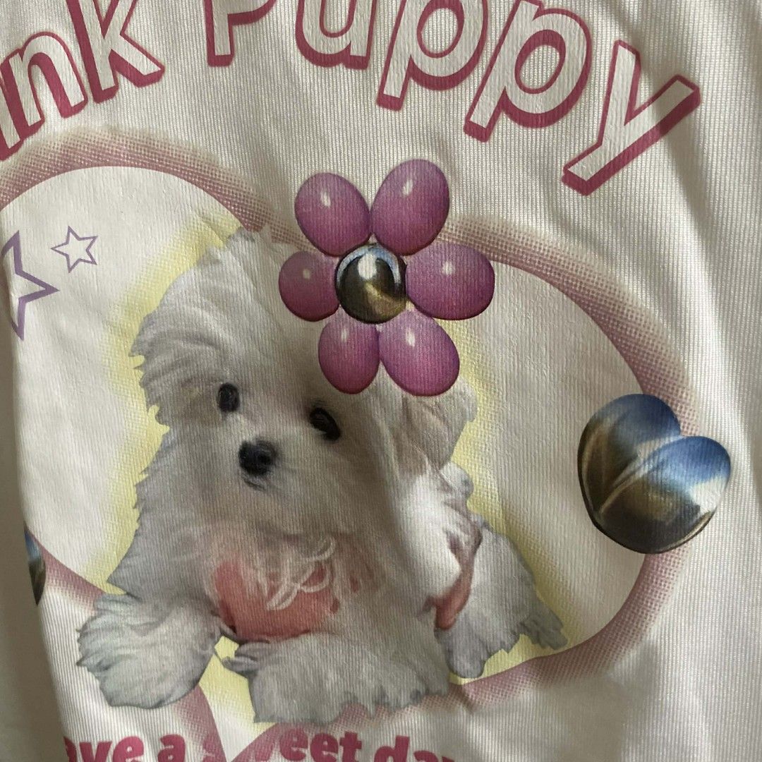 Y2K Cute Pink Puppy Graphic Tee (Category: Shirts) located in Manila. Submitted by cznclae (Listing ID 1429261627, Image 3). Description: best fit for size Small- Medium Bust: Length: Heat Press vinyl print ❔issue: minimal dot dirt, not sure if washable sf mm & luzon 41 pesos if not rush via jnt 🗓️ check bio for next shipment sched PLEASE READ! ❗️PAYMENT FIRST via g/cash or Pabili service 🛒how to buy? make an offer, then send details for SF quo