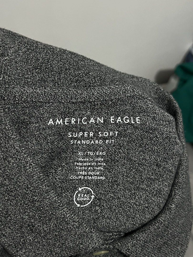 American Eagle Super Soft Polo Shirt XL (Category: Tshirts & Polo Shirts ) located in Manila. Submitted by ohno_shimi (Listing ID 1429455874, Image 1). Description: American Eagle Super Soft polo shirt in gray. Made in India. Features a standard fit and is size XL/TG/EXG. Made of 100% cotton. Has a three-button placket and short sleeves. The shirt has a Real Good tag. Machine washable..