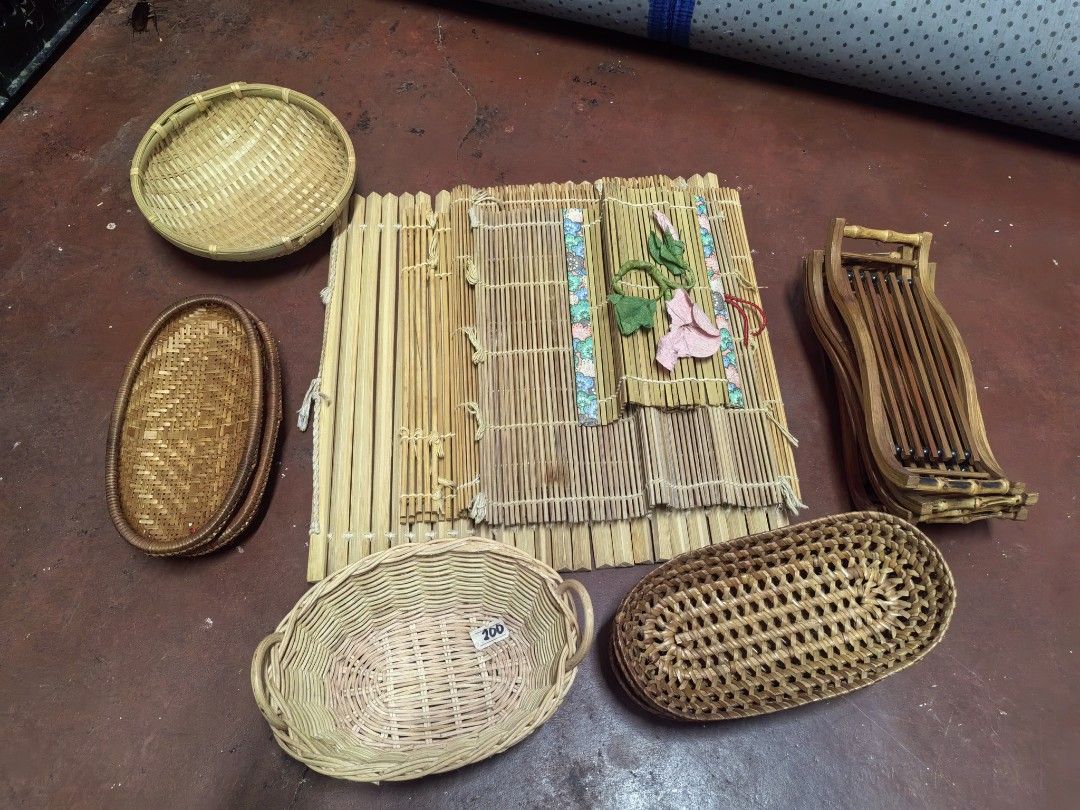 Assorted Woven Baskets and Mats take all (Category: Storage Boxes & Baskets) located in Paranaque City. Submitted by furugiyafinds (Listing ID 1429391593, Image 1). Description: Collection of various woven baskets and mats in different shapes and sizes. Includes round, oval, and rectangular baskets, along with bamboo mats. Some items feature intricate weaving patterns and decorative elements. Perfect for storage, display, or adding a natural touc