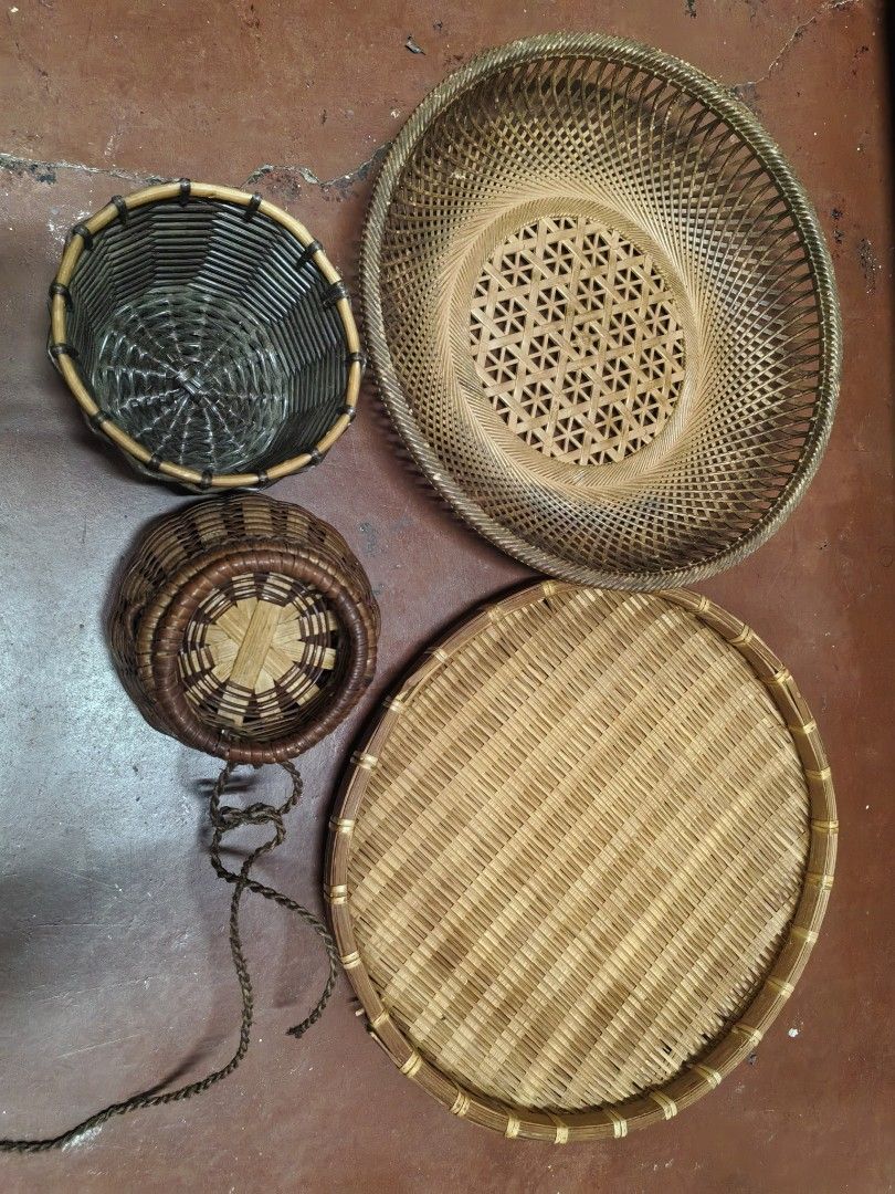 Assorted Woven Baskets and Mats take all (Category: Storage Boxes & Baskets) located in Paranaque City. Submitted by furugiyafinds (Listing ID 1429391593, Image 2). Description: Collection of various woven baskets and mats in different shapes and sizes. Includes round, oval, and rectangular baskets, along with bamboo mats. Some items feature intricate weaving patterns and decorative elements. Perfect for storage, display, or adding a natural touc