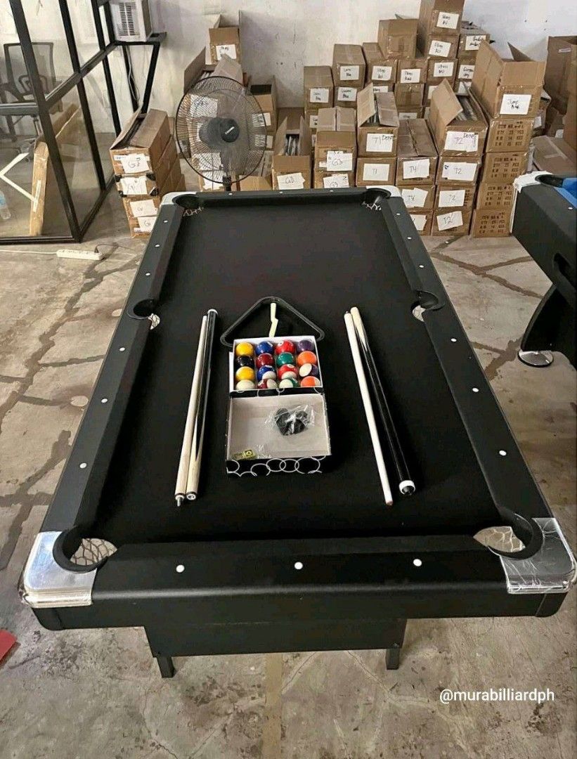 Black Tapete 4x7 Billiards Table (Category: Outdoor Furniture) located in Caloocan City. Submitted by murabilliardph (Listing ID 1429397599, Image 1). Description: Inclusion: 2 Cue Standard size 2 Chalk 1 Brush 1 Triangle 1 Set of balls(16 balls) Standard ball size.