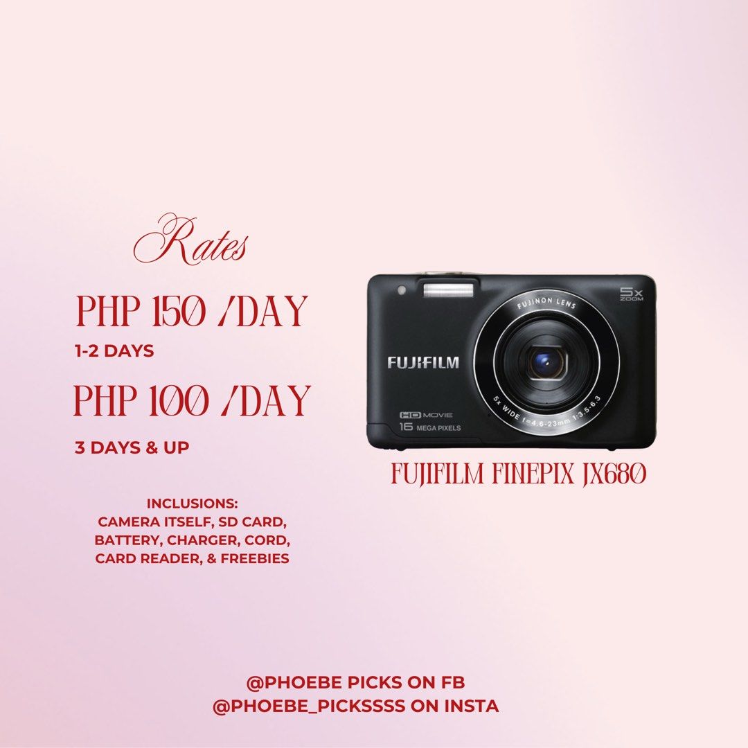 DIGITAL CAMERA FOR RENT|Fujifilm FinePix (Category: Cameras) located in Pasig City. Submitted by lovepinkthings (Listing ID 1429483860, Image 1). Description: - for rent - with freebies.