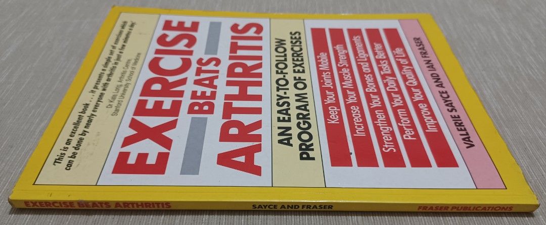 Exercise Beats Arthritis Book (Category: Textbooks) located in Quezon City. Submitted by wjmae (Listing ID 1429441624, Image 3). Description: Book, "Exercise Beats Arthritis," offers an easy-to-follow program of exercises. It aims to help you keep your joints mobile, increase muscle strength, strengthen bones and ligaments, perform daily tasks better, and improve your quality of life. The book includes information on water exercise and aerobics. 