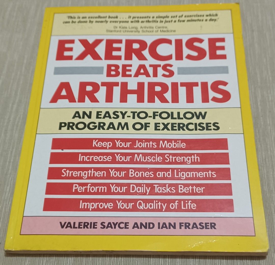 Exercise Beats Arthritis Book (Category: Textbooks) located in Quezon City. Submitted by wjmae (Listing ID 1429441624, Image 1). Description: Book, "Exercise Beats Arthritis," offers an easy-to-follow program of exercises. It aims to help you keep your joints mobile, increase muscle strength, strengthen bones and ligaments, perform daily tasks better, and improve your quality of life. The book includes information on water exercise and aerobics. 
