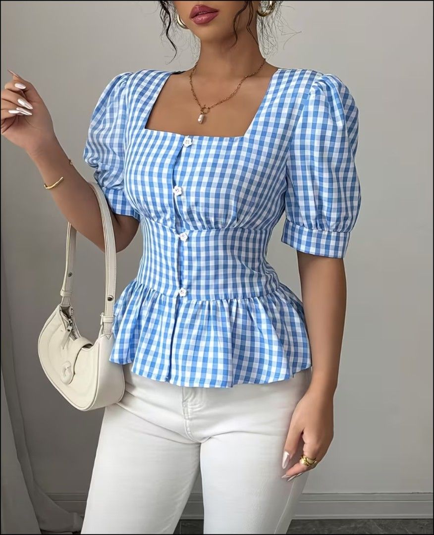 Gingham Square Neck Peplum Blouse (Category: Blouses) located in San Fernando. Submitted by elixiriaz (Listing ID 1429497157, Image 1). Description: Blouse features a square neckline, puff sleeves, and a peplum hem. It has a gingham pattern in blue and white. The blouse has a fitted waist and button-down front. It is a stylish top suitable for various occasions..