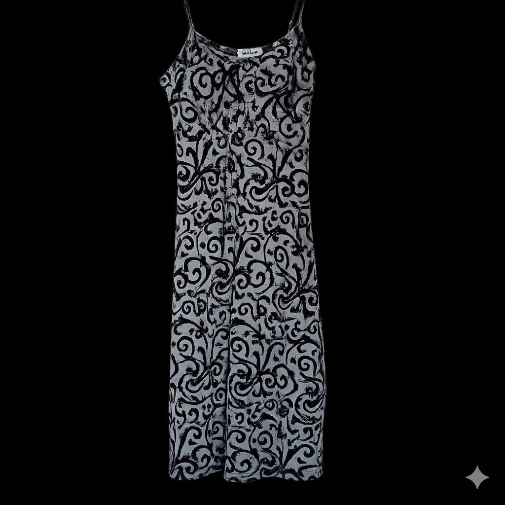 Kai Sparte Straight Dress (Category: Dresses) located in Bacoor. Submitted by pamelott (Listing ID 1429343118, Image 1). Description: Design: Straight-cut, relaxed silhouette that falls loosely from the bust down Straps: Thin spaghetti straps for a light, airy feel Neckline: Soft scoop neckline Pattern: Elegant black swirling vine or scroll pattern over a light gray base Length: Appears mid-calf to ankle length (depending on height) Fabric feel: 