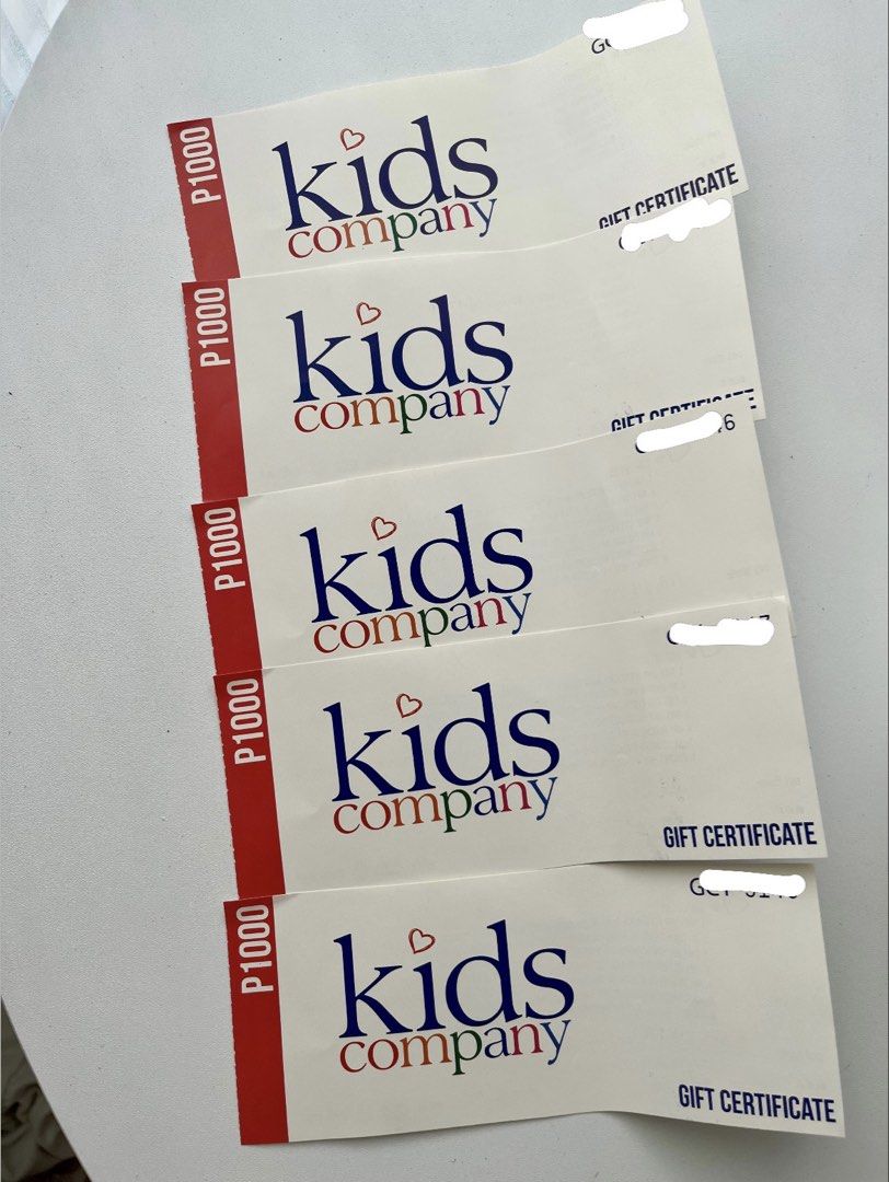 P5000 Kids Company Gift Certificates (Category: Vouchers) located in Pasig City. Submitted by decluterwithmee (Listing ID 1429377126, Image 1). Description: FOR SALE: P5000 Gift Certificate from Kids Company SELLING FOR: P4000 only! Redeemable in any of the following stores: KIDS DEPOT Festival Mall Acienda Designer Outlet Timog Market Market OLLIE & CO. Greenhills Mall Glorietta 4 (2nd level) Shangrila Southwoods (Second Level) Uptown BIG&SMALL 