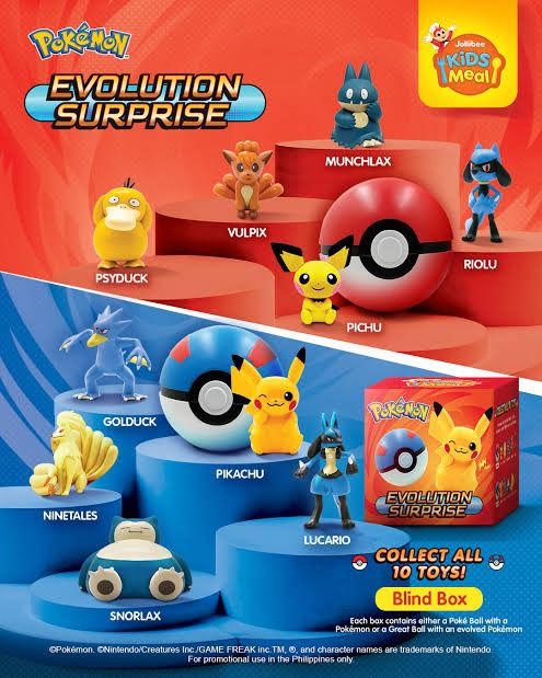 Looking For or Buying Jollibee Pokemon Evolution Surprise Blind Box Complete Set (Category: Designer & Blind Box Toys) located in Manila. Submitted by jio2020 (Listing ID 1429503557, Image 1). Description: I'm looking to collect all 10 Jollibee Pokemon Evolution Surprise toys to keep me company. Preferably unopened blind box po. My offer is P350. Thank you..