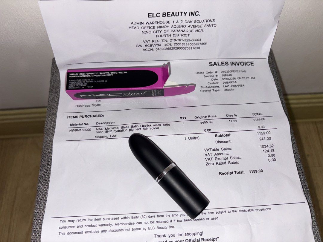 MAC Maximal Sleek Satin Lipstick - Violet Vapor (Category: Makeup) located in Quezon City. Submitted by iris.edit (Listing ID 1429432076, Image 2). Description: Authentic MAC Maximal Sleek Satin Lipstick in Violet Vapor. Made in Italy. The lipstick is a vibrant purple shade. Comes with the original box and receipt from ELC Beauty Inc. The receipt shows the original price of 1159 after discount. Just opened on March 31, 2026 Swatched only, not my 