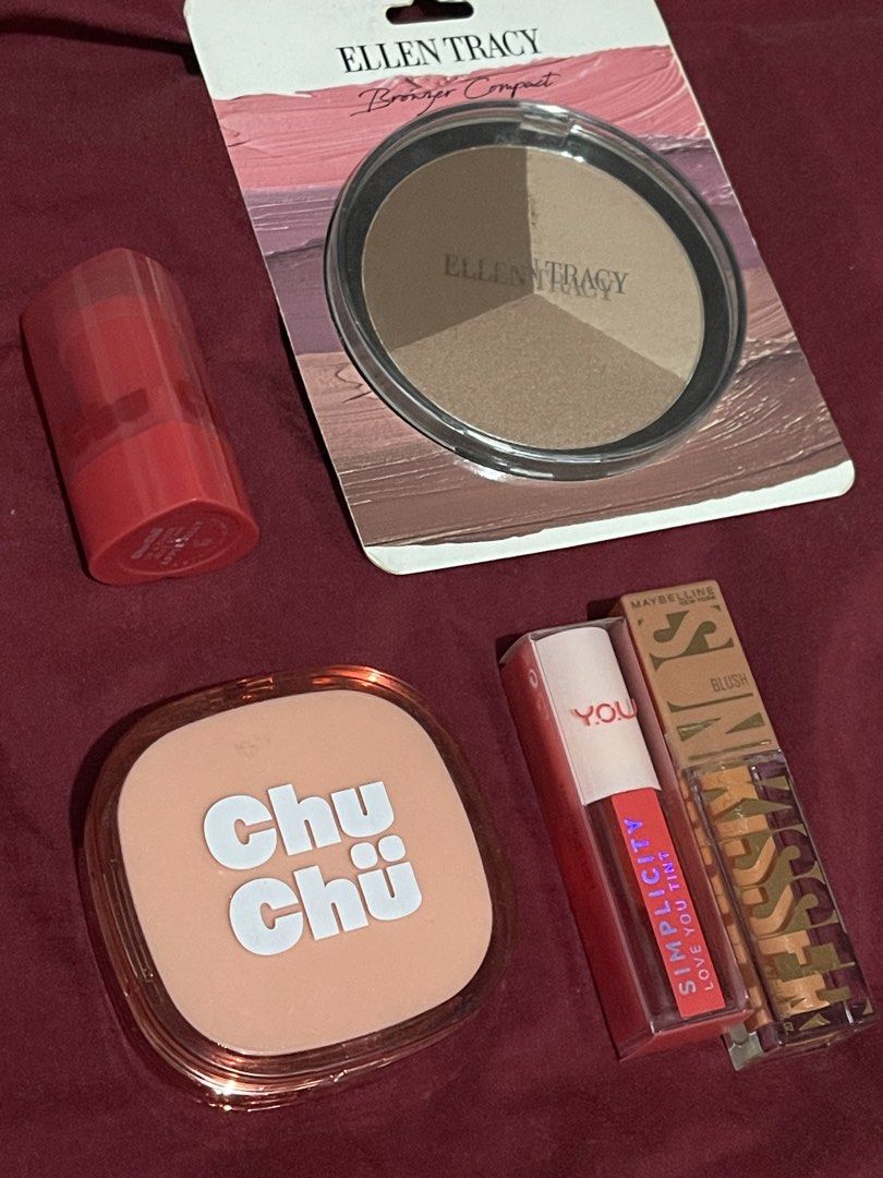 Makeup Bundle (Category: Makeup) located in Manila. Submitted by zmz06 (Listing ID 1429433913, Image 1). Description: Makeup Bundle! Includes: - sealed Ellen Tracy multi-color bronzer compact - sealed Y.O.U Simplicity Love You Tint in Peachy Orange - sealed Maybelline Sunkissed Liquid Blush in Uptown Glow - ChuChu Yummy Yum Skin Dew Cushion in Wafer, unsealed but unused (see pics) - Chuchu Lip & Cheek Jelly Stain in Apple Jelly, used twice RFS: t
