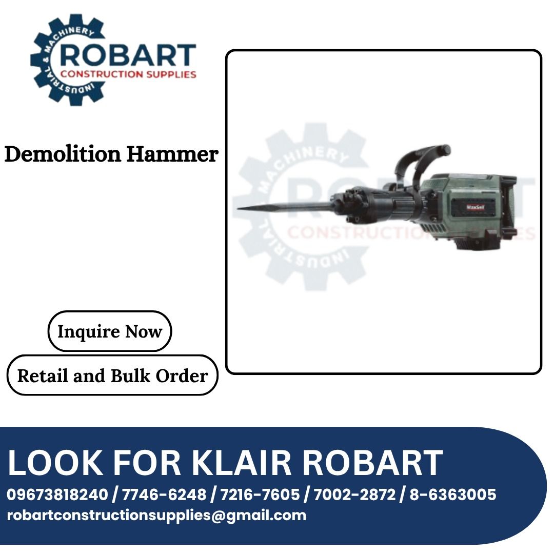 Maxsell Demolition Hammer (Category: Construction Tools & Equipment) located in Caloocan City. Submitted by klair_robart (Listing ID 1429358782, Image 1). Description: Available! Available! Available! Item: Demolition Hammer Model: MDH-1800 Brand: Maxsell Specifications: Rated Input Power: 1800W Rated Voltage: 220V Frequency: 60Hz Impact Rate: 1500bpm Impact Energy: 65J • 48ftlbs Tool Holder: HEX 28mm Weight: 17.7kgs MDH-180013 - Carbon Brush Off