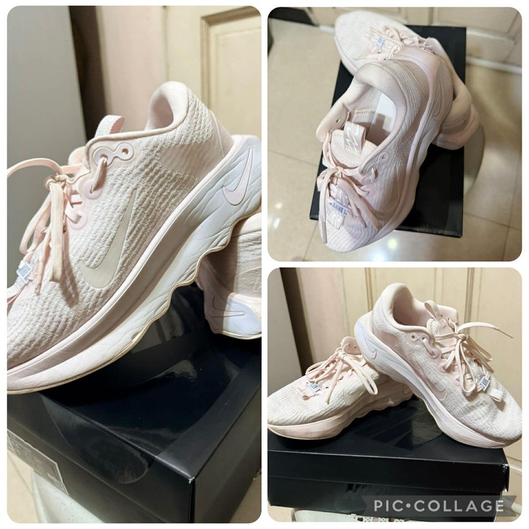 Nike Women's Sneakers (Category: Sneakers) located in Caloocan City. Submitted by hermitann (Listing ID 1429443658, Image 1). Description: These Nike sneakers feature a light pink color. The shoes are shown with their original box. The design includes the Nike swoosh logo on the side. The laces are also light pink..