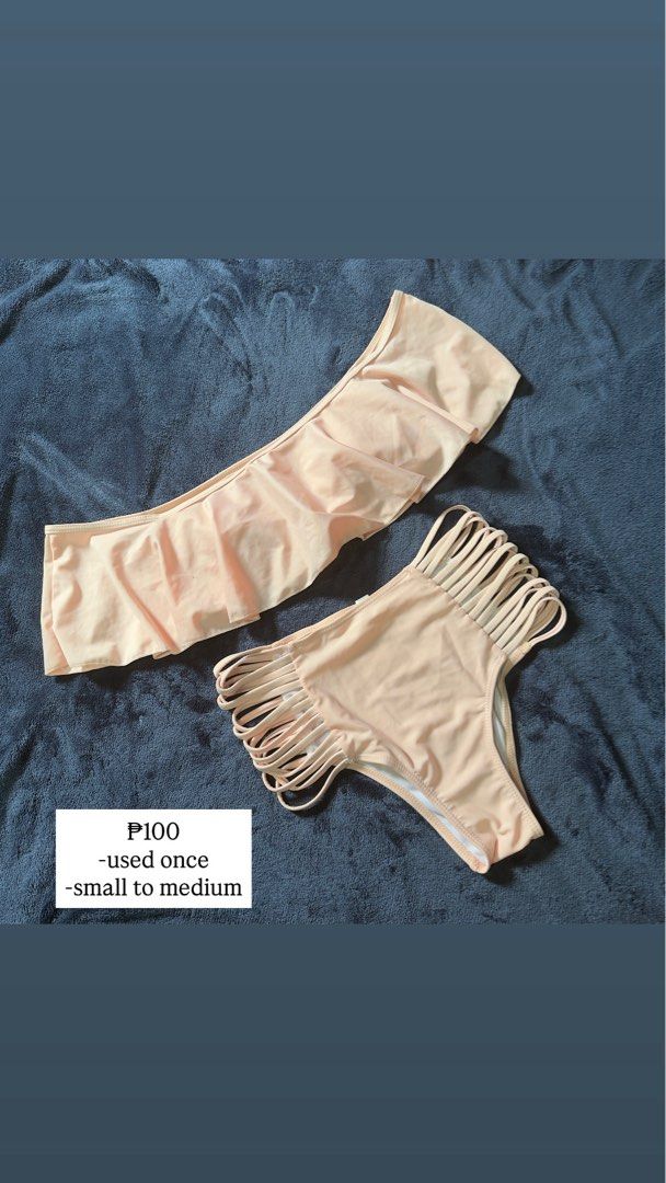 Peach Bikini Set (Category: Bikinis & Swimsuits) located in Quezon City. Submitted by pljdlrs (Listing ID 1429479985, Image 1). Description: - Peach bikini set - Size: Small to Medium - Features a ruffle top, off shoulder and strappy bottoms - Used only once.