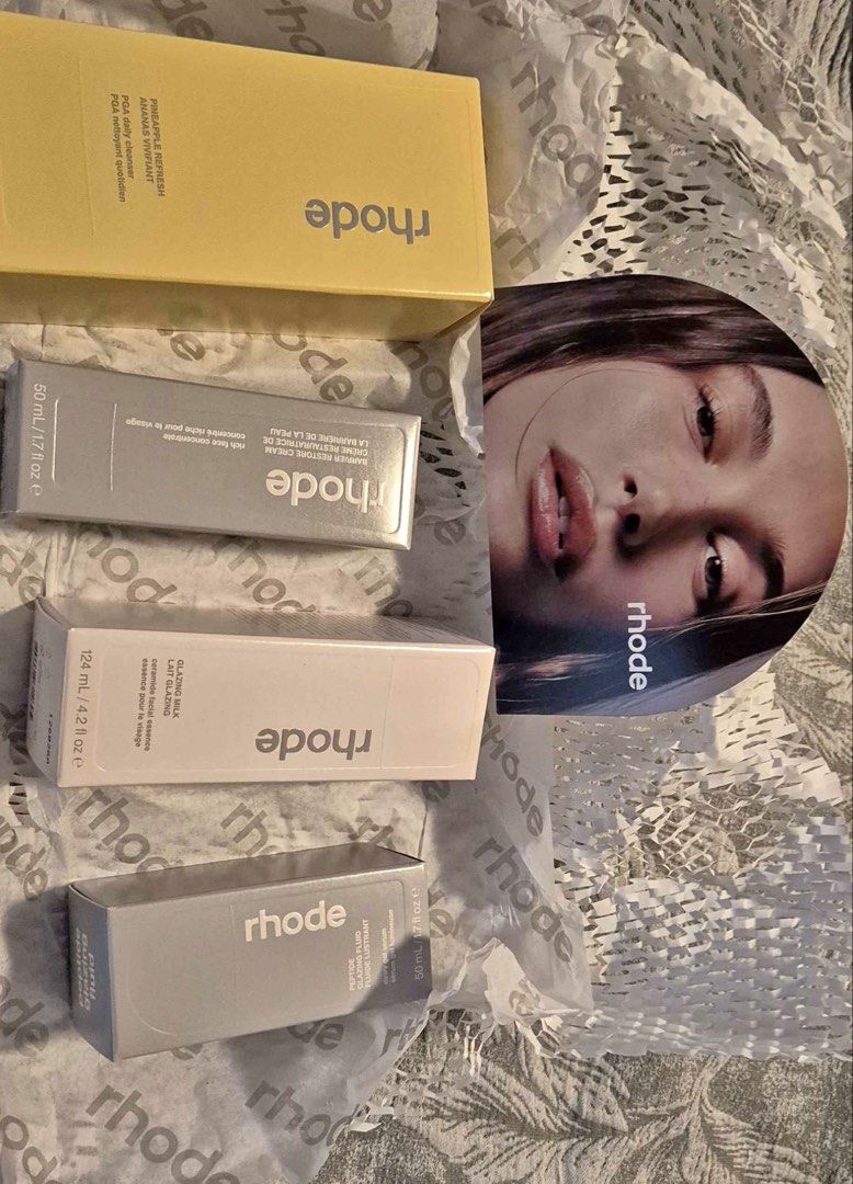 Rhode Skincare Set (Category: Face Care) located in Manila. Submitted by buymythingszpls (Listing ID 1429464451, Image 1). Description: includes 4 full size products: -Pineapple Refresh - Glazing Milk - Peptide Glazing Fluid - Barrier Restore Cream - Used a few times, selling as it’s not suitable for my skin - Bought off Rhode website, can provide proof of purchase - preferably for take all, but dm me for individual prices :) .