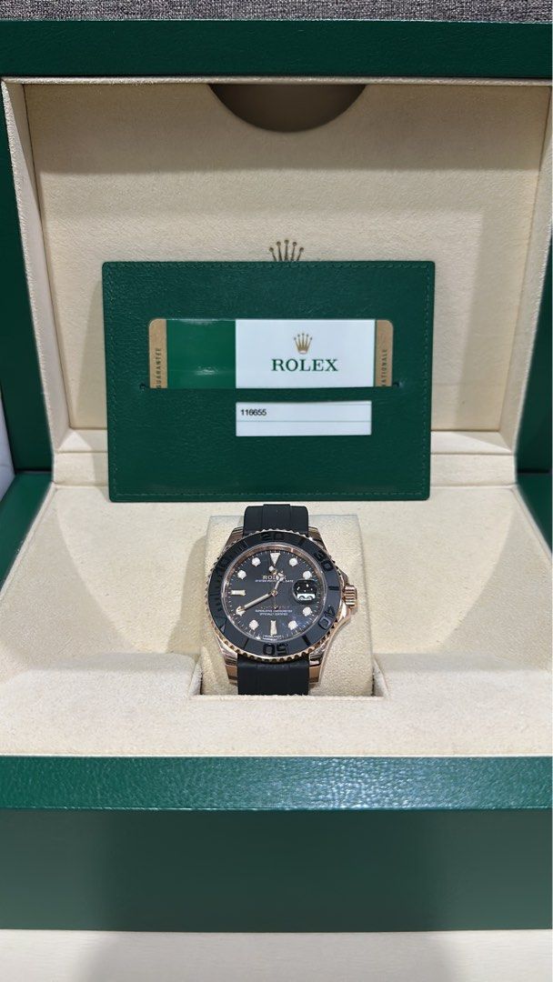 Rolex Yacht-Master Rose Gold Black Dial Ref No. 116655 (Category: Watches) located in Singapore. Submitted by watch_anime (Listing ID 1427646389, Image 1). Description: Rolex Yacht-Master Rose Gold Fullset Dated 2016 Condition is like new ( Zero ding or dent) Comes with original Rolex Oysterflex strap (E & F).
