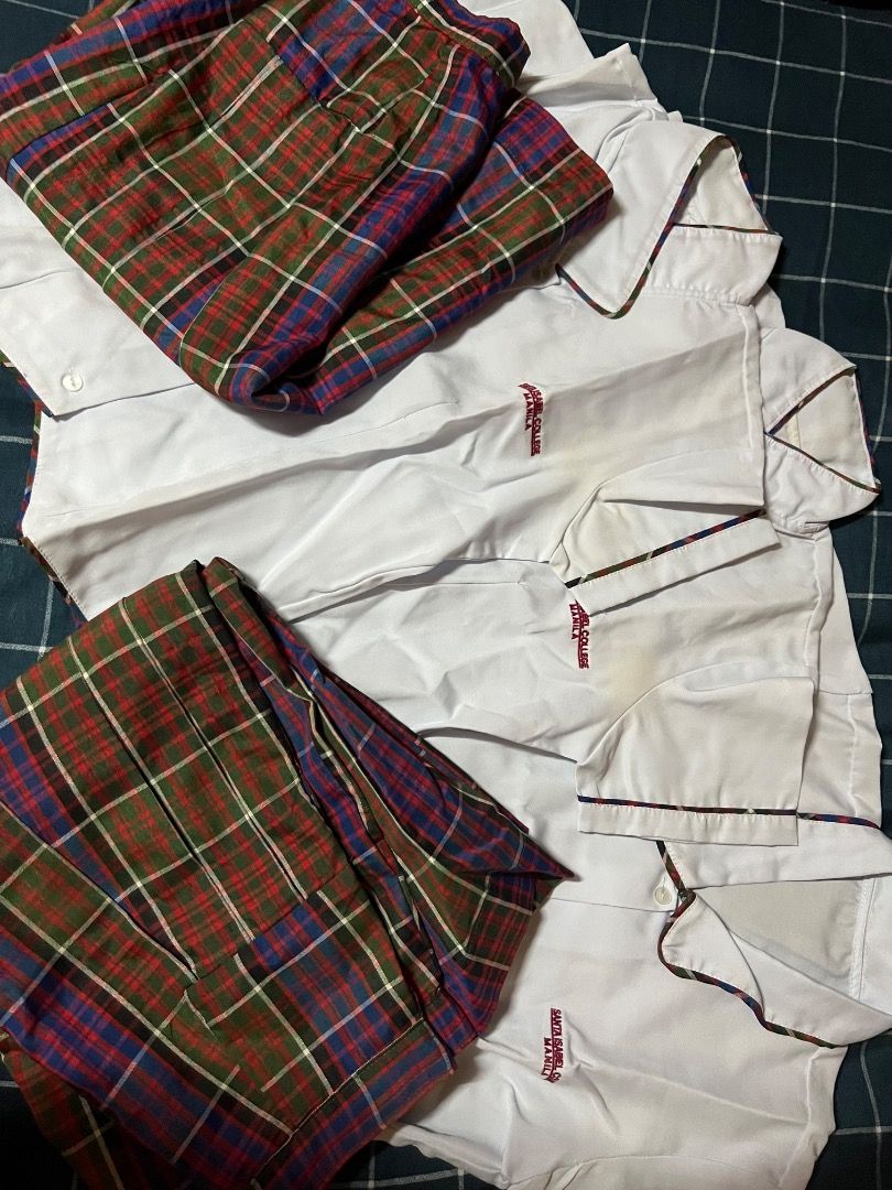 Santa Isabel / SICM - SHS Uniform Set (Category: Undergarments & Loungewear) located in Manila. Submitted by matchalant (Listing ID 1429457392, Image 1). Description: Santa Isabel College of Manila (SICM) Senior High School Uniform set — 3 blouse & 2 skirt — blouse can fit xs-small (perfect for petite) — size 24-26 skirt (above the knee) — there are some yellow stains (I think it can remove naman just ibabad lang) I only used this for almost two 