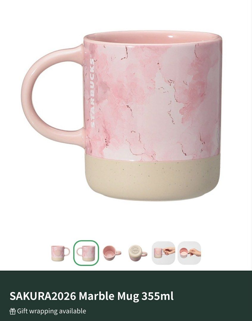 Starbucks SAKURA2026 Marble Mug 355ml (Category: Coffee & Tea Tableware) located in Makati City. Submitted by mhilesposadas (Listing ID 1429377453, Image 3). Description: Japan Starbucks Sakura Mug Originally bought from Japan SB. Available on hand. Dimensions: 12.6 x 8.9 × 10.0 cm Actual capacity: 355ml Material: Ceramics.