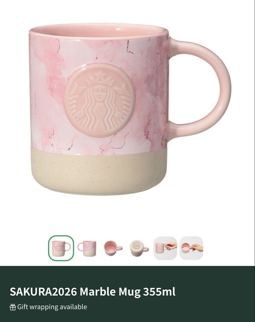 Starbucks SAKURA2026 Marble Mug 355ml (Category: Coffee & Tea Tableware) located in Makati City. Submitted by mhilesposadas (Listing ID 1429377453, Image 2). Description: Japan Starbucks Sakura Mug Originally bought from Japan SB. Available on hand. Dimensions: 12.6 x 8.9 × 10.0 cm Actual capacity: 355ml Material: Ceramics.