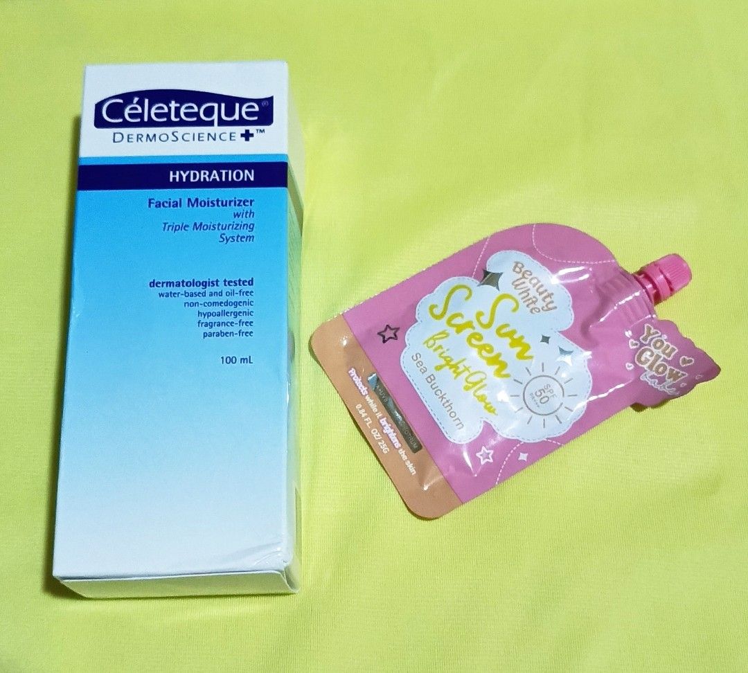 Sunscreen and moisturizer with free (Category: Face Care) located in Subic. Submitted by caekheso_ (Listing ID 1429377332, Image 1). Description: 1. Celeteque facial moisturizer bought in watson 100 ml w/ free luxe organix sunscreen 12 m -parehong kunti lang ang bawas nitry lang. P200 only 2. Dr. Lan whitening sunscreen 50g with free you glow beauty white sunscreen 25g parehong kunti lang ang bawas nitry lang P130.