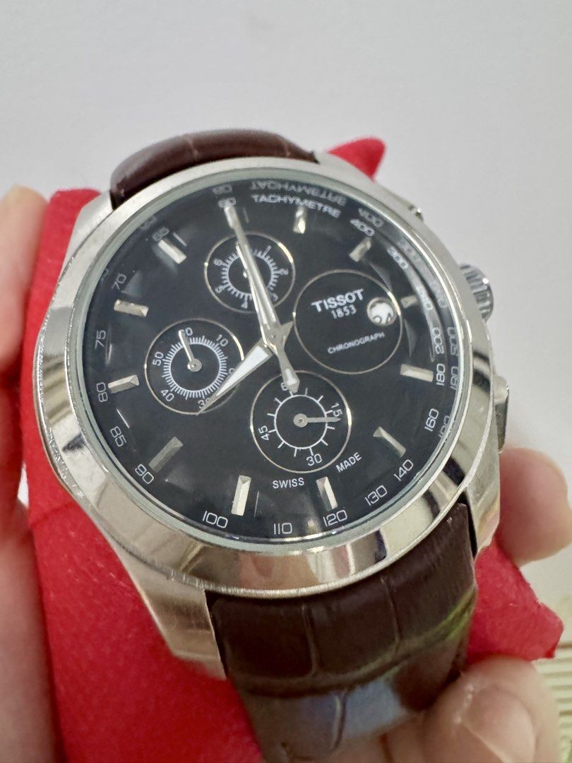 Tissot 1853 Chronograph Watch (Category: Men's Watches) located in Davao. Submitted by buymyclosetph (Listing ID 1429442176, Image 2). Description: This Tissot chronograph exudes timeless elegance with its rich brown leather strap. Needs battery replacement MOP: Bank Transfer or Gcash TISSOT For men’s Payment first basis Features:-👇 • Quartz movement • ⁠All chronographs working • ⁠Date window • ⁠Luminous hands • ⁠Small second • ⁠Dome leather str