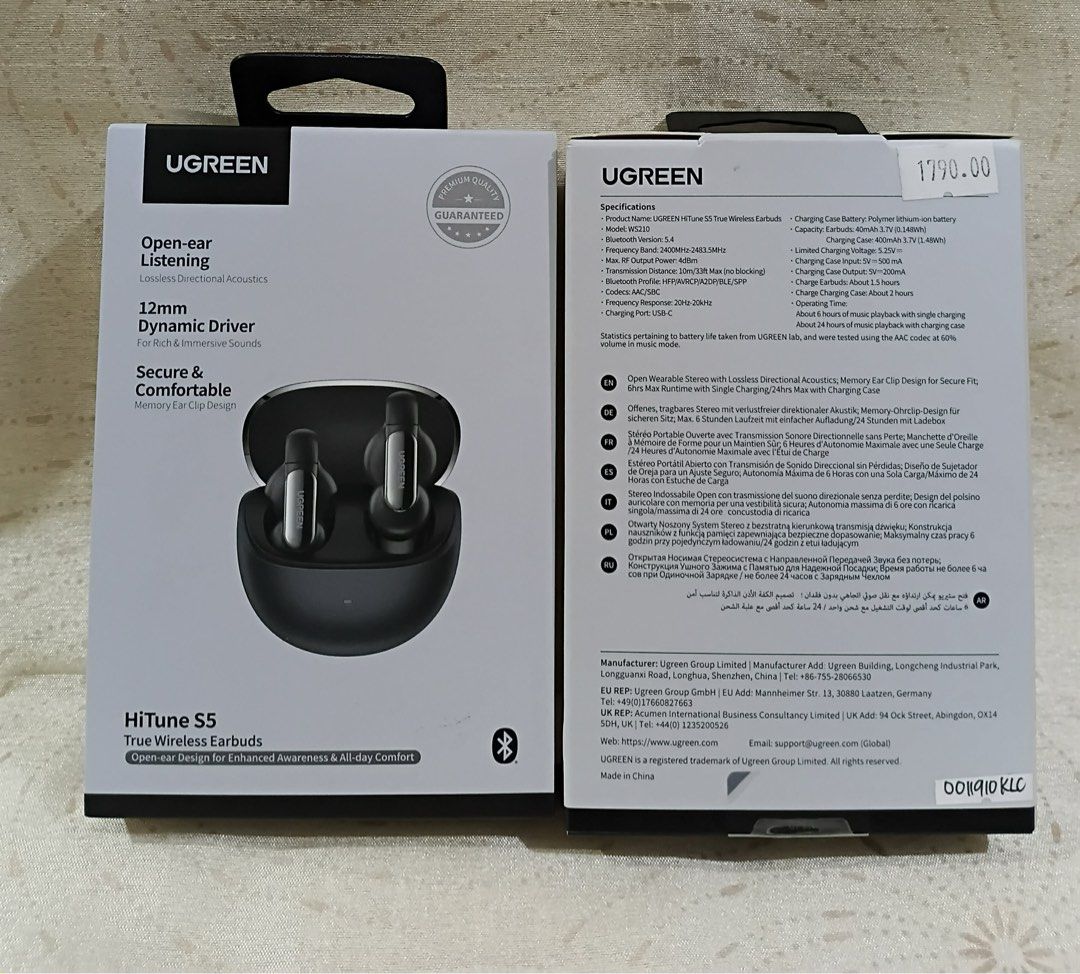 UGREEN HiTune S5 True Wireless Earbuds (Category: Earphones) located in Manila. Submitted by cutiecie (Listing ID 1429403770, Image 3). Description: UGREEN HiTune S5 True Wireless Earbuds – Open-Ear Bluetooth 5.4 Brand new UGREEN HiTune S5 wireless earbuds with open-ear design for all-day comfort and awareness. Features 12mm dynamic drivers for rich, immersive sound, Bluetooth 5.4 for stable connection, and secure memory ear-clip fit. Includes ch