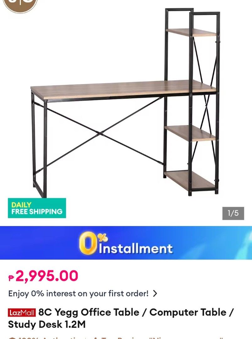 Wooden Computer Desk with Metal Frame (Category: Tables & Sets) located in Paranaque City. Submitted by mystuffmel (Listing ID 1427742327, Image 3). Description: Computer desk features a wooden tabletop and a sturdy black metal frame. It includes a built-in shelf for storage and a power strip. The desk is suitable for a home office or study area. It provides ample space for a computer, monitor, and other accessories. payment first and NO COD MOP: