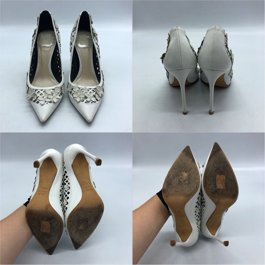 SALE!!!! 267001758 DIOR SHOES HEELS FLORE (Category: Sneakers & Footwear) located in Taguig. Submitted by ecoring.ph (Listing ID 1424580313, Image 2). Description: ◆CONDITION: B ◆DESCRIPTIONS: (Other defects/info:) The body of the shoes is scratched, scuffed, stained, dirty, wrinkled, and has press marks. It also appears discolored, particularly on the flower designs. The toe box has a deep scratch. The heel is scratched, scuffed, dirty, and has 