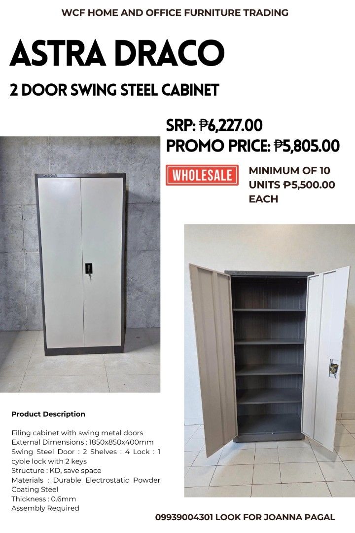 Astra Draco 2 Door Swing Steel Cabinet (Category: Shelves, Cabinets & Racks) located in Quezon City. Submitted by wcfhomeandoffice (Listing ID 1424697518, Image 1). Description: 📢BEST SELLER ASTRA DRACO STEEL CABINETS📢 💯GUARANTEED LOWEST PRICE IN THE MARKET ‎ ‎Material : Cold rolled steel plate (SPCC) ‎Finish : Electrostatic powder coating ‎Steel Thickness : 0.6mm ‎Structure: Knock-down ‎Weight capacity per layer 20-25kgs ‎📍IWAS ANAY/BUKBOK ‎