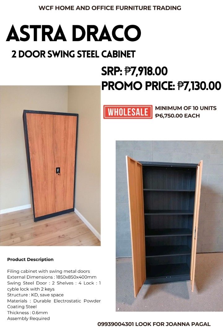 Astra Draco 2 Door Swing Steel Cabinet (Category: Shelves, Cabinets & Racks) located in Quezon City. Submitted by wcfhomeandoffice (Listing ID 1424697518, Image 3). Description: 📢BEST SELLER ASTRA DRACO STEEL CABINETS📢 💯GUARANTEED LOWEST PRICE IN THE MARKET ‎ ‎Material : Cold rolled steel plate (SPCC) ‎Finish : Electrostatic powder coating ‎Steel Thickness : 0.6mm ‎Structure: Knock-down ‎Weight capacity per layer 20-25kgs ‎📍IWAS ANAY/BUKBOK ‎