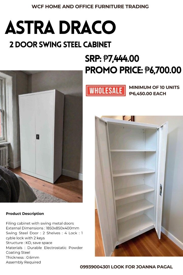 Astra Draco 2 Door Swing Steel Cabinet (Category: Shelves, Cabinets & Racks) located in Quezon City. Submitted by wcfhomeandoffice (Listing ID 1424697518, Image 2). Description: 📢BEST SELLER ASTRA DRACO STEEL CABINETS📢 💯GUARANTEED LOWEST PRICE IN THE MARKET ‎ ‎Material : Cold rolled steel plate (SPCC) ‎Finish : Electrostatic powder coating ‎Steel Thickness : 0.6mm ‎Structure: Knock-down ‎Weight capacity per layer 20-25kgs ‎📍IWAS ANAY/BUKBOK ‎