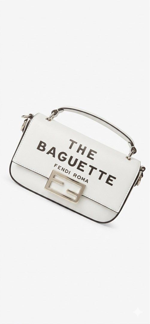Auth Fendi The Baguette Bag (Category: Luxury Bags & Wallets) located in Caloocan City. Submitted by rareshark.a23e26 (Listing ID 1424629317, Image 1). Description: - Authentic Fendi Baguette handbag - Color: White with black trim - Features "THE BAGUETTE" print - Fendi logo detail - Silver-tone metal buckle - Includes top handle and shoulder strap - Rectangular shape.