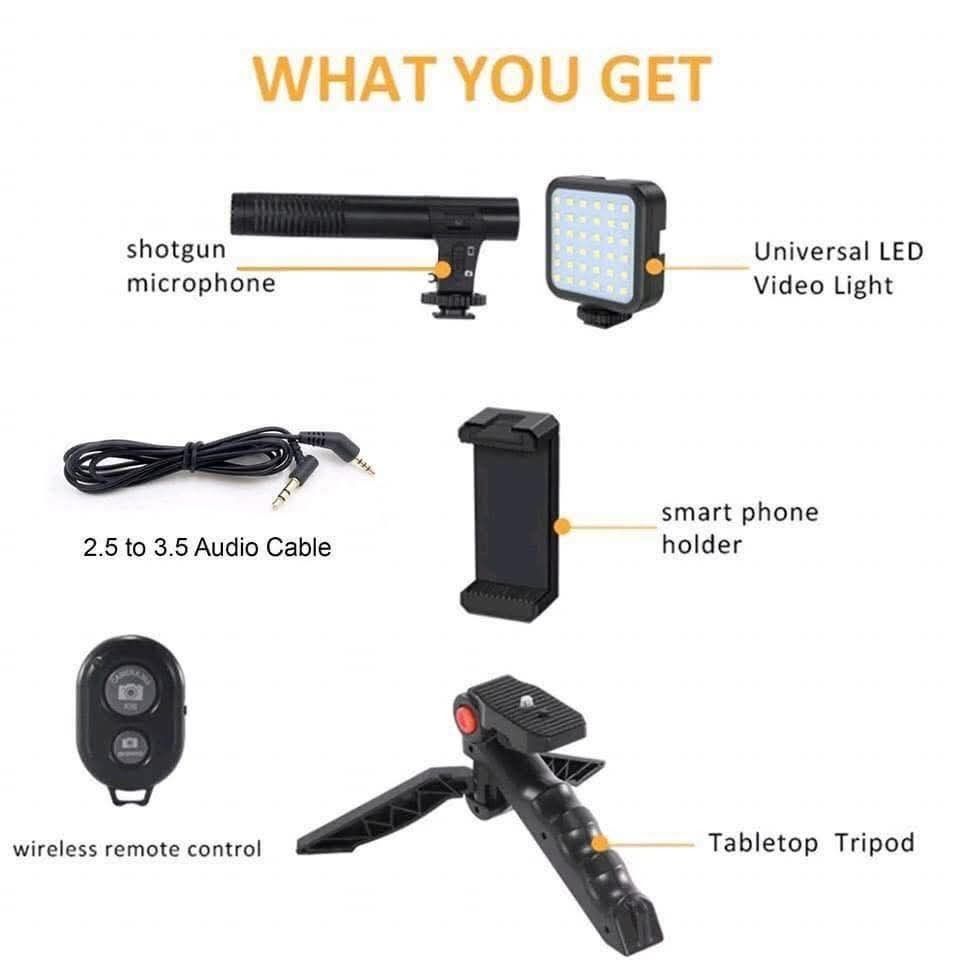 AY-49 Video Vlogger Kit (Category: Video Cameras) located in Manila. Submitted by lyfrancois14 (Listing ID 1424554555, Image 2). Description: Video vlogger kit includes a mini tripod, fill light, microphone, and phone holder. It's a perfect travel companion for smartphone video creators. Ideal for vlogging, YouTube videos, TikTok, Facebook, streaming, filmmaking, and travel. The kit comes with a shotgun microphone, universal LED video light, 2.5 