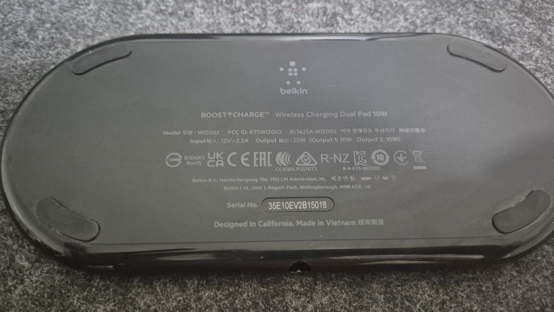 Belkin BOOST↑CHARGE Wireless Charging Dual Pad 10W (Category: Chargers & Cables) located in Dasmarinas. Submitted by bzbeezcar0u5el1 (Listing ID 1424635684, Image 2). Description: - Simultaneously charge two devices wirelessly - 10W output - Designed in California - Includes power adapter - Model: WIZ005 - Made in Vietnam.