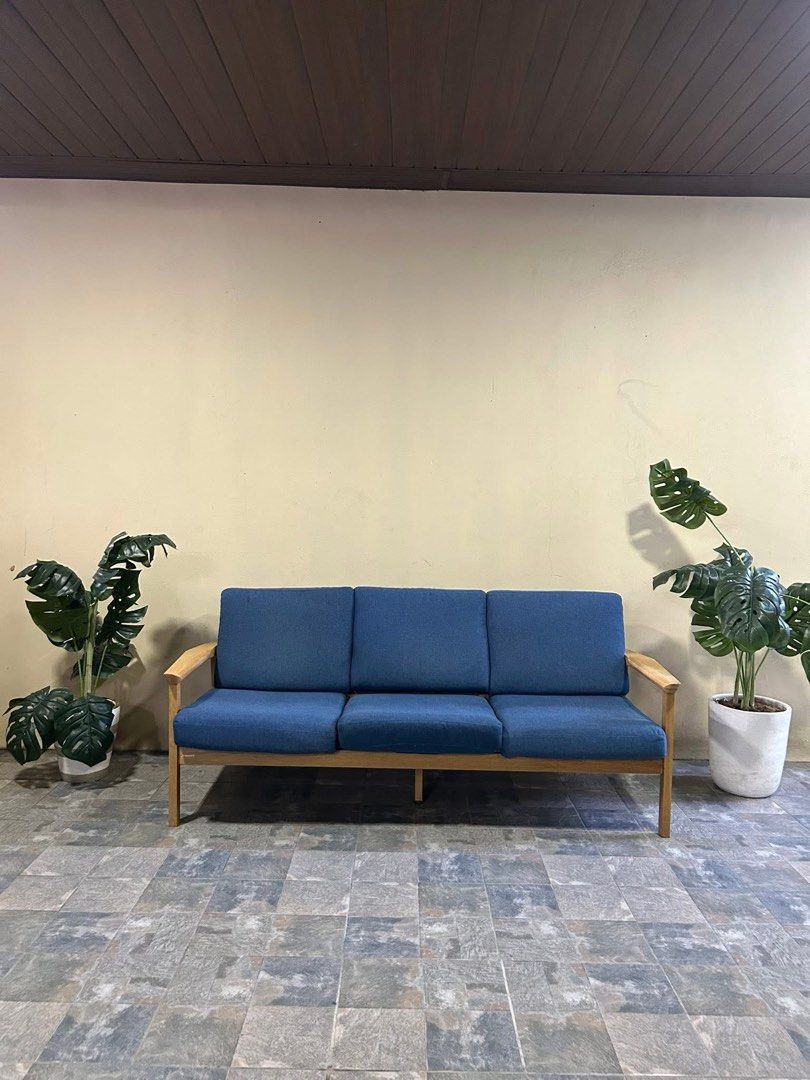Blue Fabric Sofa with Wooden Frame (Category: Sofas) located in Angeles City. Submitted by honeybowteek23 (Listing ID 1424545152, Image 1). Description: Imported Solid Wood Sofa Washable Cover from Korea P14,500 Only fixed price 70x30x30in Solid Wood Washable Cover Heavy duty No issue Good Condition Minor Scratch From Korea Loc: Angeles City near Pandan Brgy Hall.