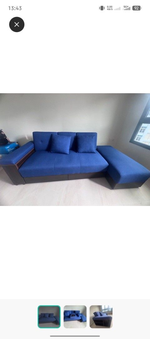 Massimo multi function sofa bed (Category: Sofas) located in Singapore. Submitted by martinerox (Listing ID 1424568880, Image 1). Description: Massimo multi function sofa bed for sale. - Stylish blue sectional sofa - Built-in storage - Includes a table - Comfortable design - Perfect for living rooms/apartments - Ready for immediate use.