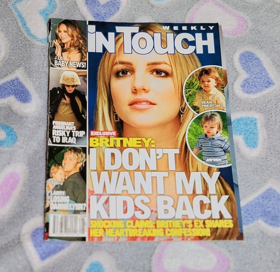 Britney Spears - In Touch Weekly Magazine (Category: Magazines) located in Batangas. Submitted by nickiperry12 (Listing ID 1424641465, Image 1). Description: In Touch Weekly magazine features Britney Spears on the cover with the headline "I Don't Want My Kids Back." The magazine includes articles and photos related to Britney Spears and her family. It also contains other celebrity news and stories like Jlo and Angelina Jolie..