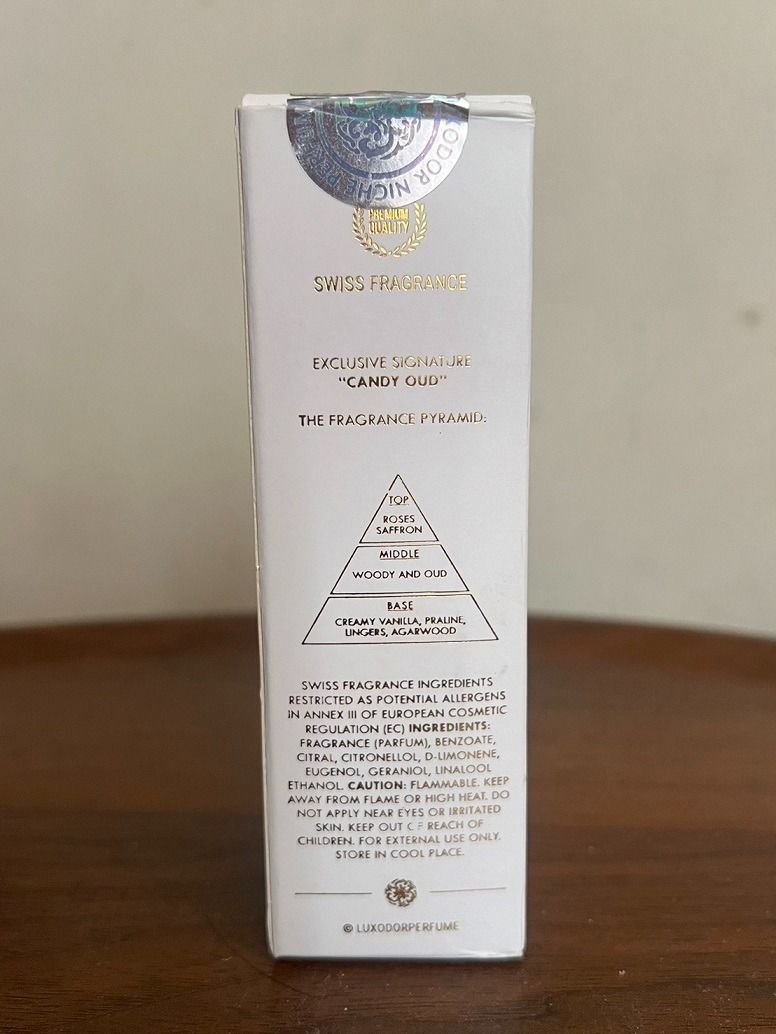 Candy Oud Parfum by Luxodor (17/30mL) (Category: Fragrance & Deodorants) located in San Pedro. Submitted by cherelune (Listing ID 1424577407, Image 3). Description: About 17mL of 30mL remaining, with box. Please note that this is an estimate based on how much I've decanted and used. Please see photos for reference. What you see is what you get. Authentic Luxodor Candy Oud is a dupe for Lancome Oud Bouquet. Top Notes: Rose, Saffron Middle Notes: W
