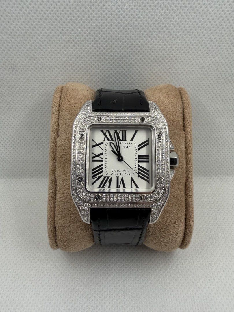 Cartier Santos 100- Medium - Iced Out (Category: Luxury Watches) located in Del Monte. Submitted by antoniomal40766 (Listing ID 1424592216, Image 1). Description: Cartier Santos 100- Medium - Iced Out Movement: Automatic Case material : Ice Out Size: Medium Bracelet material: Leather Condition: 9/10 Comes with: - Box - Paper P295k (negotiable) .
