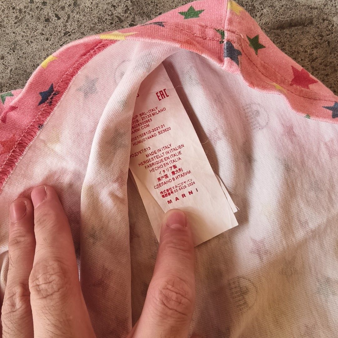 Chiara Feragni × Marni AOP tee (Category: Shirts) located in Quezon City. Submitted by kieshi (Listing ID 1424608984, Image 3). Description: cut tag, rough size S-M actual dimensions as measured flat: 20.5 x 26.5W slight fading and pilage, fabric quality is unaffected and cut tag still in great condition tags: retro vintage italian blogger and influencer collaboration luxury brand avante garde kawaii core all over print mod: jnt, lalamove loc: zi