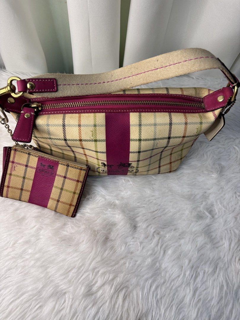Coach Plaid Handbag with Card Holder (Category: Luxury Bags & Wallets) located in Kabankalan. Submitted by vera.styles (Listing ID 1424533637, Image 2). Description: - Coach handbag with plaid pattern and magenta stripe - Includes a matching card holder - Top zipper closure - Magenta interior - Light beige strap - Gold-toned hardware - Card holder with zipper closure.