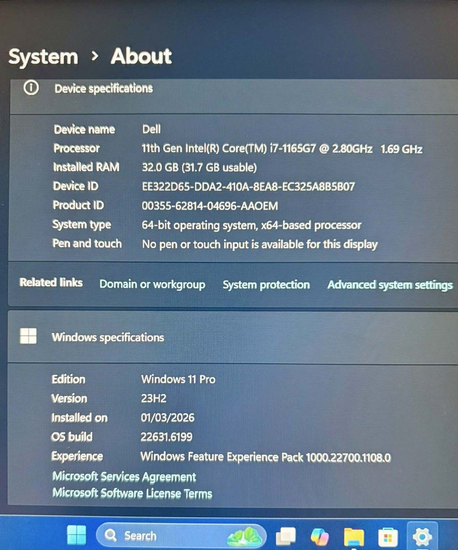 Dell Latitude 3420 Laptop (Category: Laptops & Notebooks) located in Binan City. Submitted by rdgerevilla (Listing ID 1424524706, Image 3). Description: - Dell Latitude 3420 - Intel Core i7-1165G7 processor - 32GB RAM - 954GB storage - Windows 11 Pro - Battery: 87% remaining (6 hours 22 minutes) - Black finish - Product ID: 00355-62814-04696-AAOEM.